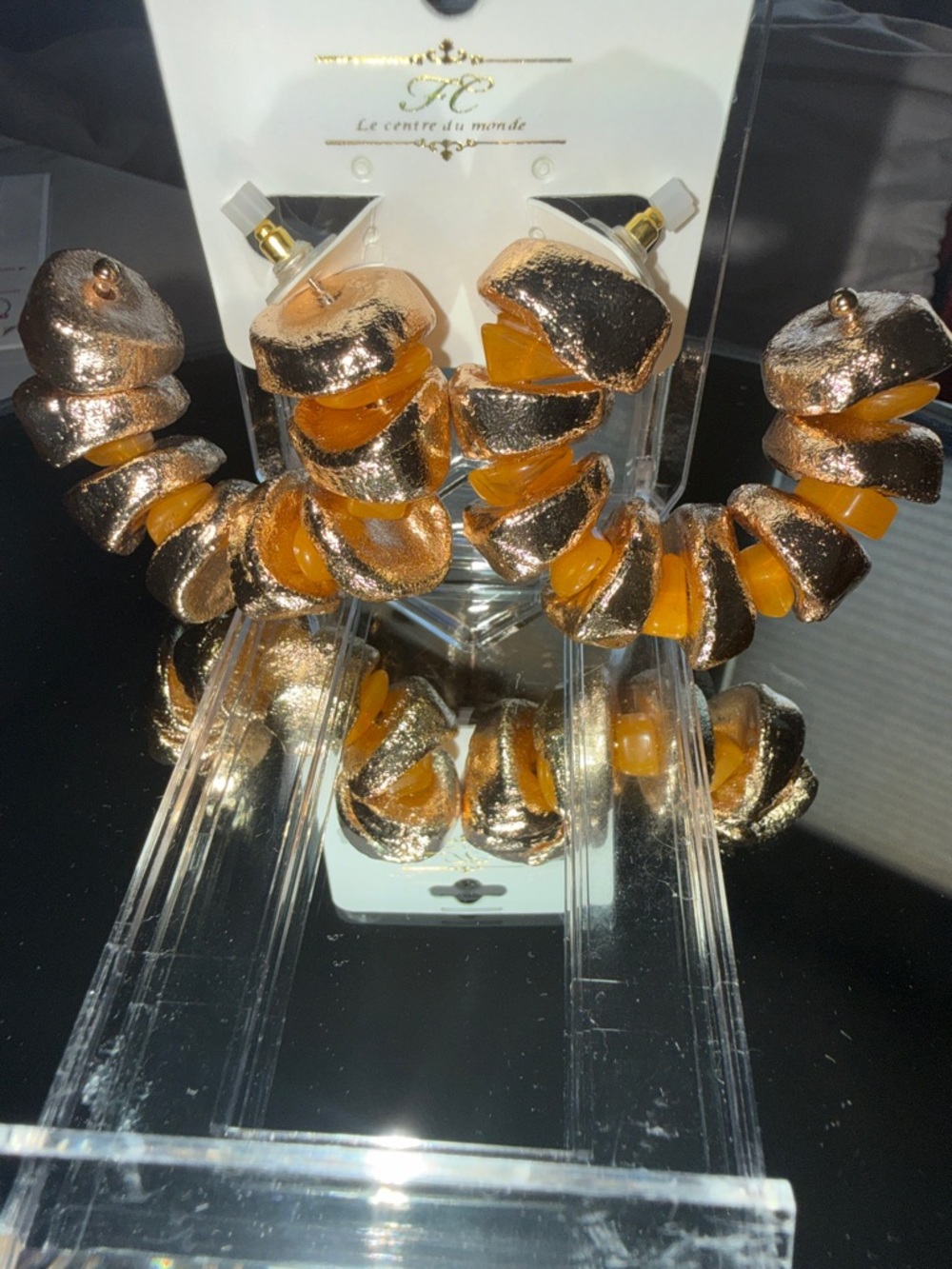Gold Tone and Amber Chunky Hoop Earrings